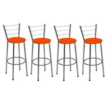 Kit 4 Banquetas Altas Cromada com Encosto Assento Laranja Kit 4 Banquetas Altas Cromada com Encosto Assento Laranja