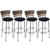 Kit 4 Banquetas Altas Cromada com Encosto Junco Capuccino Assento Preto Kit 4 Banquetas Altas Cromada com Encosto Junco Capuccino Assento Preto