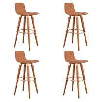 Kit 4 Banquetas Altas Luxo Linea Aço Cobre Linho Terracota Base Carvalho