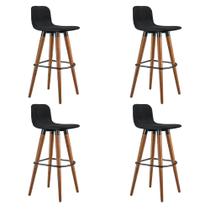 Kit 4 Banquetas Altas Luxo Linea Aço Preto Linho Preto Base Carvalho