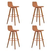 Kit 4 Banquetas Altas Luxo Versatil Aço Cobre Linho Terracota Base Carvalho