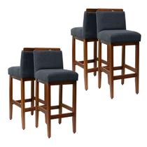 Kit 4 Banquetas Altas Madeira Maciça Estofada Assento Alto 75cm de Assento Decorativo Bancada Americana Conjunto Cozinha Ilha Gourmet Reforçada Safira