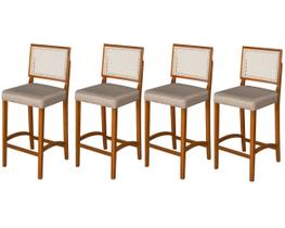 Kit 4 Banquetas Altas Pés Em Madeira Maciça Com Encosto em Rattan e Assento Estofado Conforto, Design Clássico e Elegância para Cozinha ou Balcão