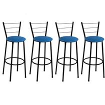 Kit 4 Banquetas Altas Preta com Encosto Assento Azul