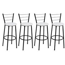 Kit 4 Banquetas Altas Preta com Encosto Assento Branco