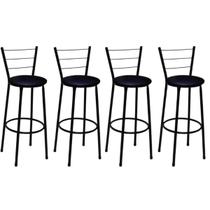 Kit 4 Banquetas Altas Preta com Encosto Assento Preto Kit 4 Banquetas Altas Preta com Encosto Assento Preto