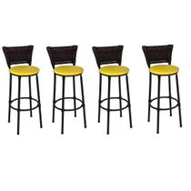 Kit 4 Banquetas Altas Preta com Encosto Junco Argila Assento Amarelo