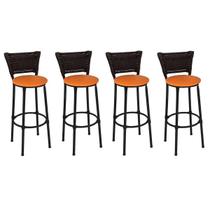 Kit 4 Banquetas Altas Preta com Encosto Junco Argila Assento Laranja