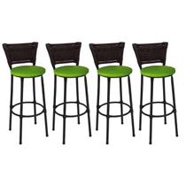 Kit 4 Banquetas Altas Preta com Encosto Junco Argila Assento Verde