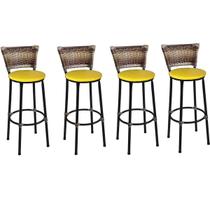 Kit 4 Banquetas Altas Preta com Encosto Junco Capuccino Assento Amarelo