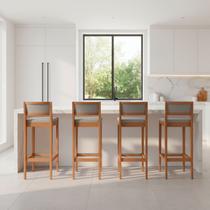 Kit 4 Banquetas Assento Encosto Estofado em Linho Hellen cor:imbuia com palha