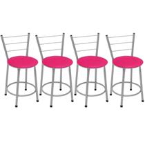 Kit 4 Banquetas Baixas Prata com Encosto Assento Rosa