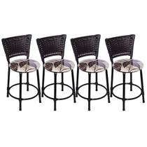 Kit 4 Banquetas Baixas Preta com Encosto Junco Argila Assento Floral Marrom