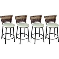 Kit 4 Banquetas Baixas Preta com Encosto Junco Capuccino Assento Branco