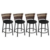 Kit 4 Banquetas Baixas Preta com Encosto Junco Capuccino Assento Preto