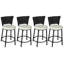 Kit 4 Banquetas Baixas Preta com Encosto Junco Preto Assento Branco