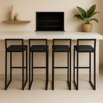 Kit 4 Banquetas Bar Alta Quadrada modelo Pub com encosto preta assento preto