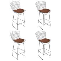 Kit 4 Banquetas Bertoia Cromada D80 com Assento Sintético Marrom