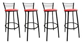 Kit 4 Banquetas Bistrô Aço Pintura Epóxi Preta Assento Vermelho