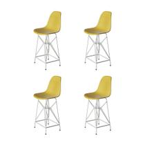 Kit 4 Banquetas Bistrô Alta Eames Amarela Base Ferro Branco - Cor: Amarelo Kit 4 Banquetas Bistrô Alta Eames Amarela Base Ferro Branco - Cor: Amarelo
