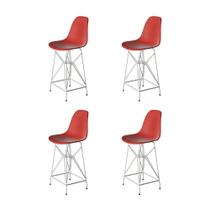 Kit 4 Banquetas Bistrô Alta Eames Vermelha Base Ferro Branco - Cor: Vermelho Kit 4 Banquetas Bistrô Alta Eames Vermelha Base Ferro Branco - Cor: Vermelho