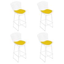 Kit 4 Banquetas Bistrô Bertoia Branca D70 com Assento Amarelo