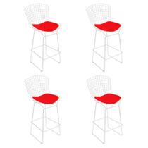 Kit 4 Banquetas Bistrô Bertoia Branca D70 com Assento Vermelho