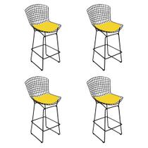 Kit 4 Banquetas Bistrô Bertoia Preta D80 com Assento Amarelo