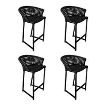 Kit 4 Banquetas Bistrô em Corda Naútica Preta Base Alumínio Reis Kit 4 Banquetas Bistrô em Corda Naútica Preta Base Alumínio Reis
