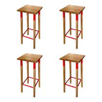 Kit 4 Banquetas Bistro Industrial Colors Ferro e Madeira Maciça - Vermelha