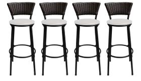 Kit 4 Banquetas Cuba Preto Aço Junco Sintético Assento Branco