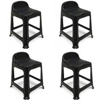 Kit 4 Banquetas de Plástico Banquinho Com Encosto Preto Empilhável