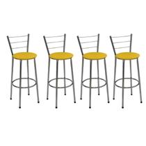 Kit 4 Banquetas Média Cromada Com Encosto Assento Amarelo Kit 4 Banquetas Média Cromada Com Encosto Assento Amarelo