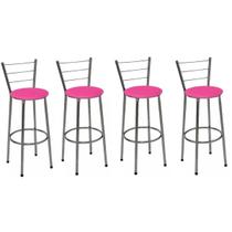 Kit 4 Banquetas Média Cromada Com Encosto Assento Rosa