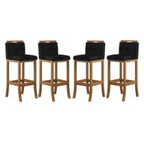 Kit 4 Banquetas Média Encosto Estofado 38x92Cm Turim Madeira Maciça Amêndoa Suede Preto CCS
