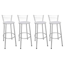 Kit 4 Banquetas Médias Prata com Encosto Assento Branco Kit 4 Banquetas Médias Prata com Encosto Assento Branco