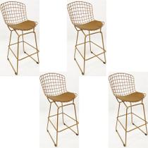 Kit 4 Banquetas para Cozinha média Bertoia cor Dourado fosco assento cor caramelo altura 60cm - Poltronas do Sul