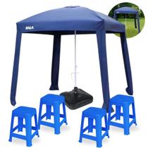 Kit 4 Banquetas Plasticas 120 Kg Azul + Guarda Sol Modelo Gazebo 2,2 X 2,2 M + Base Plastica 22 Kg