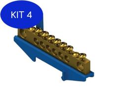 Kit 4 Barramento Neutro Azul Com Suporte Fixação Trilho Din