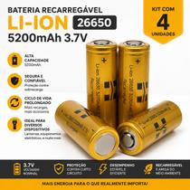Kit 4 Bateria 26650 Recarregável LiIon 5200mAh 3.7V para Lanterna LED