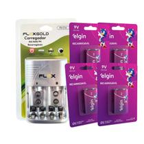 Kit 4 Bateria Recarregável 9v + Carregador de Pilha Aa/aaa/9v Auto Stop