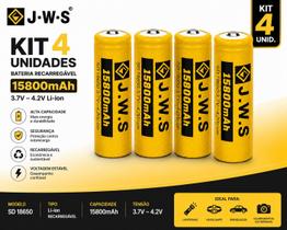 Kit 4 Baterias Recarregáveis 18650 JWS 4.2V 15800mAh Chip Proteção Sem Efeito Memória