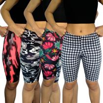 Kit 4 Bermudas Femininas Justas Elástico Estampas Sortidas Suplex PP ao Plus Size