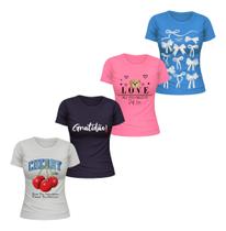 Kit 4 Blusa Baby Look T-shirts Feminina 100%algodão Premium