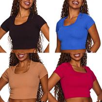 Kit 4 blusa cropped feminino manga curta estilo conforto verão Kit 4 blusa cropped feminino manga curta estilo conforto verão