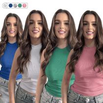 Kit 4 Blusa Feminina Canelada Slim Fit Manga Curta com Elastano Básica Justa ao Corpo Várias Cores