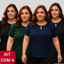 Kit 4 Blusa Feminina Plus Size Blusinha Camiseta Soltinha Lisa com Manga Moda Evangélica Confortável