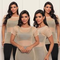 Kit 4 Blusa Feminina Transparente de Tule Manga Curta Camiseta AcademiaTreino