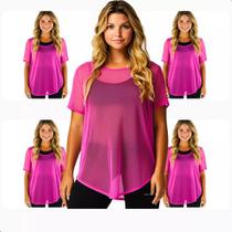 Kit 4 Blusa Tule Feminina Academia Transparente Lisa Treino Fitness