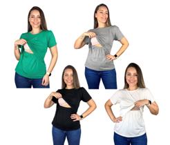 Kit 4 Blusas Amamentação Diversas Cores Premium T-shirt Gestante Amamentar Manga Curta - Conch